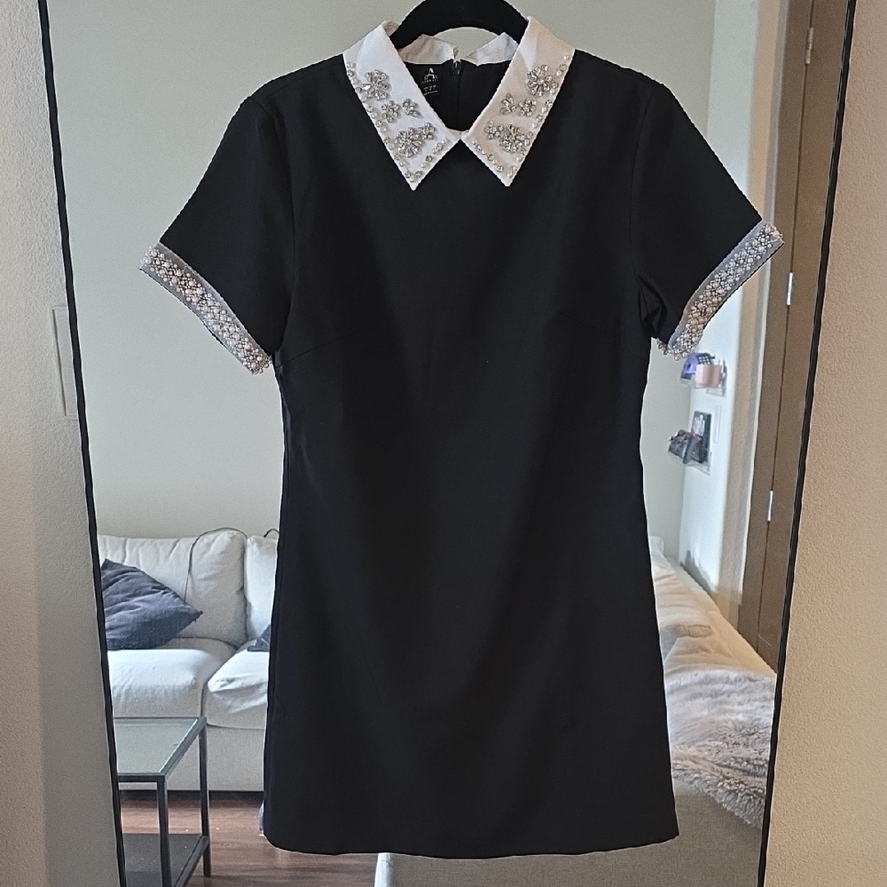 Anewsta Chic Black Dress with Embellished Collar Size S